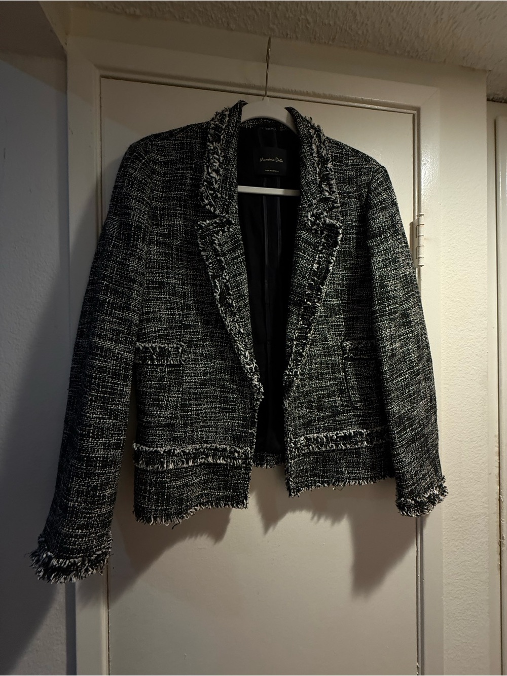 Massimo Dutti Black & White Tweed Fringed Blazer